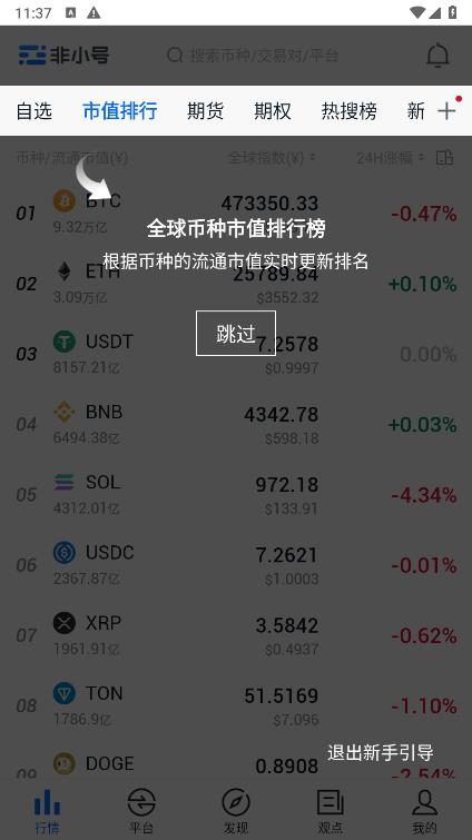 非小号 App 全球币种市值排行榜界面